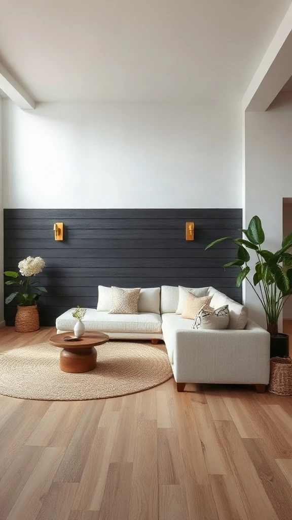 Horizontal Black Shiplap Accent Airy open-plan living space with horizontal dark charcoal shiplap feature wall and cream sectional sofa