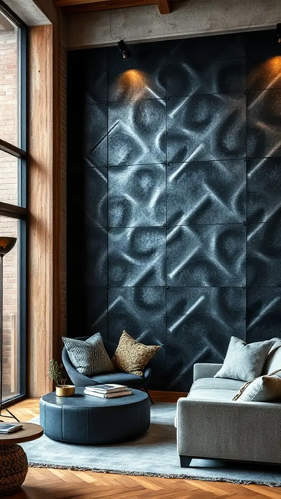 Industrial Blackened Steel Plates with Exposed Rivets Loft-style living room featuring a feature wall constructed from large hot-rolled blackened steel plates