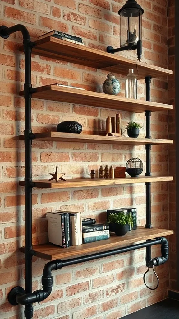 Wall-mounted industrial shelving made from black plumbing pipes and reclaimed wood.