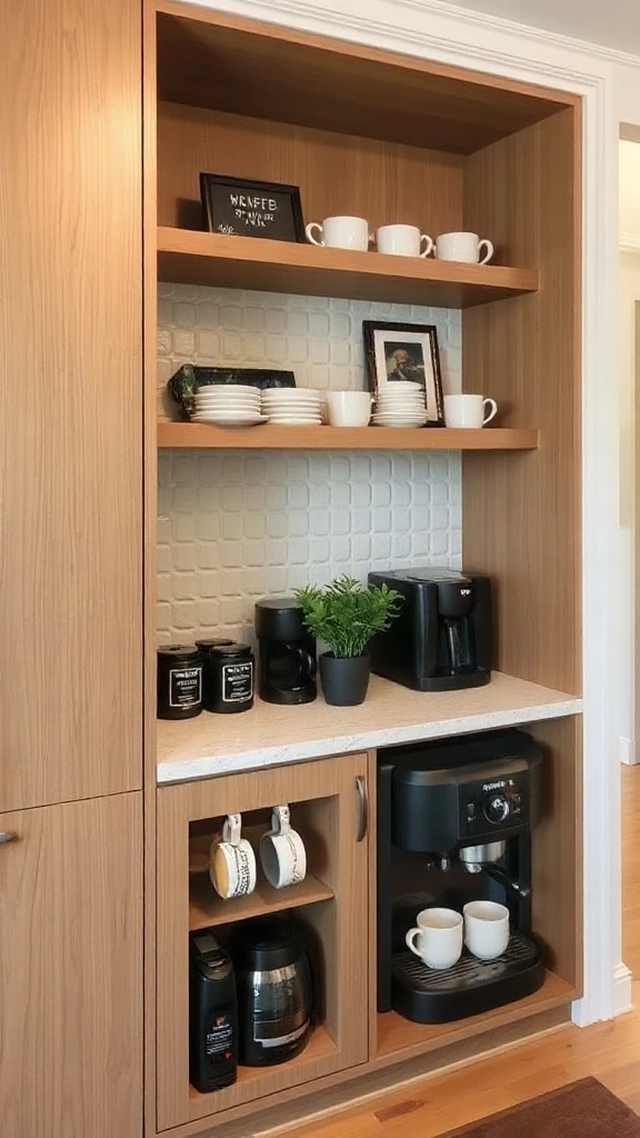 Coffee bar built into a wall unit with floating shelves and espresso machine.