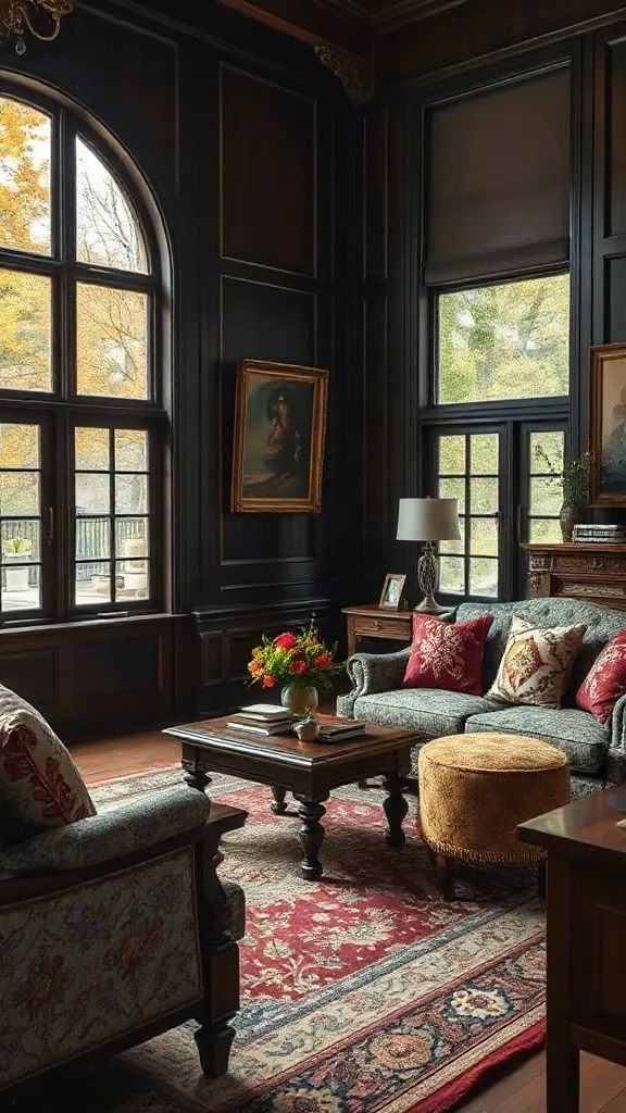 Jacobean Heavy Oak Sofa Set with Crewelwork Cushions Traditional living room set displaying a moody Jacobean living room featuring heavy dark oak frames and crewelwork cushions.
