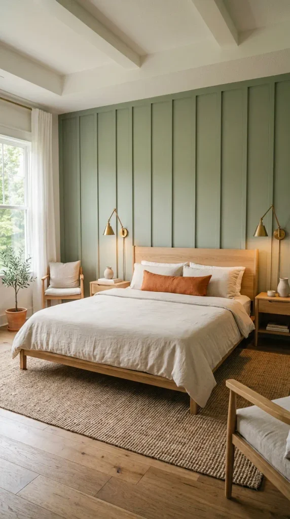 A minimalist Japandi bedroom featuring a low untreated ash platform bed against pale sage green walls, dressed in oatmeal linen bedding with a single elongated burnt orange raw-silk lumbar pillow.