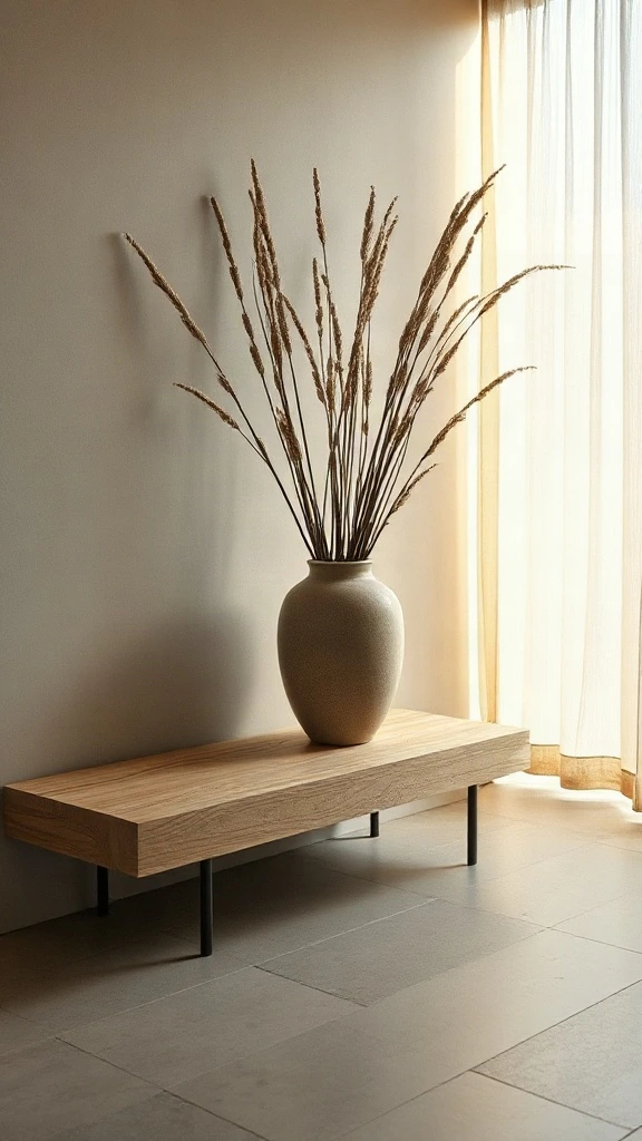 Low pale ash Japandi bench adorned with a wabi-sabi ceramic urn and dried branches in a serene entry.