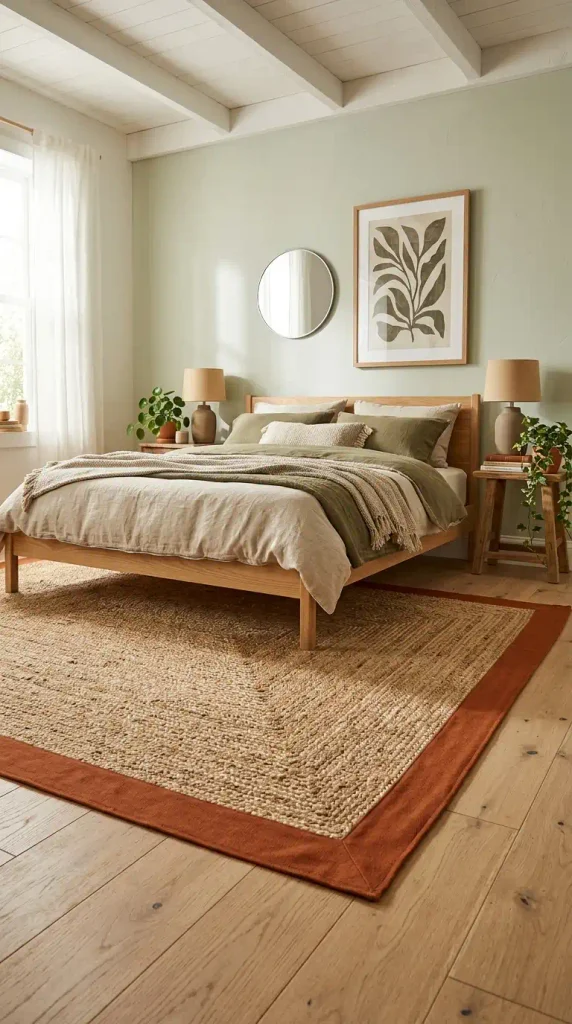 A wide thick-weave jute area rug edged with a custom burnt orange canvas border extending past the bed over light wood floors against pale sage green walls.