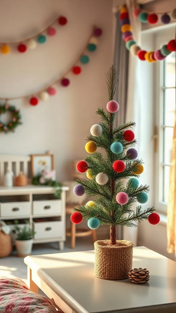 Small tabletop pine tree adorned with colorful wool felt pom-pom garland in a bright kids' bedroom nook.