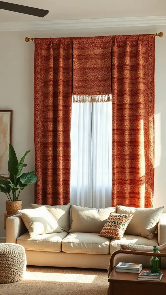 The Vintage Kilim blend Focal Wall Faded red and ochre Turkish Kilim rug mounted on a brass rod as a wall tapestry above a sofa.