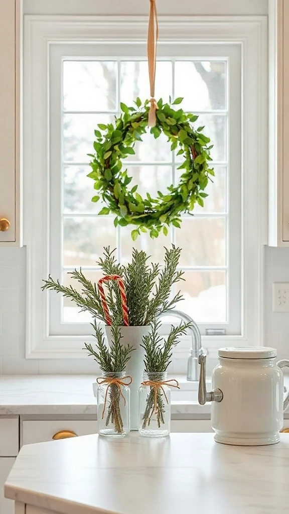 Bright white kitchen window styled with a fresh green boxwood wreath tied with ribbon above shaker cabinets.