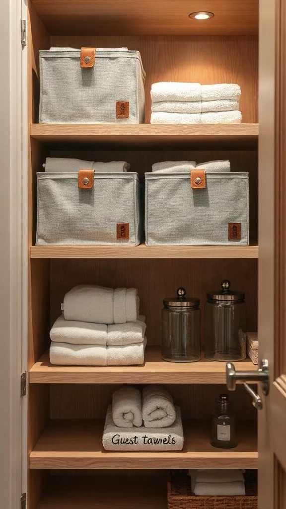 Labeled Fabric Bins for Guest Towels Gray linen canvas storage cubes with leather label pulls on wooden shelves housing folded guest towels.