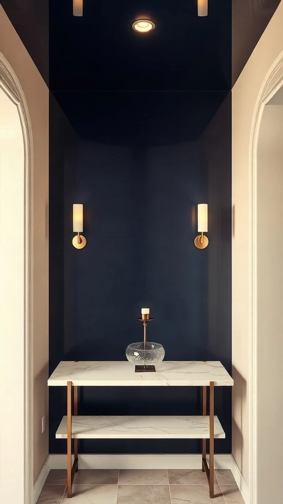 High-gloss navy ceiling reflecting light above brass sconces in tailored entryway decorations.