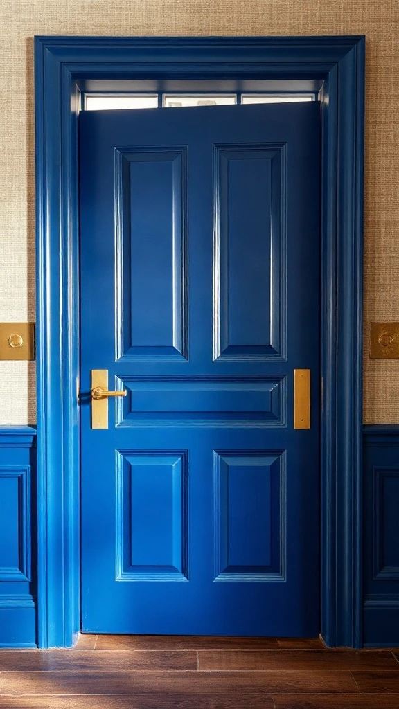 Lacquered cobalt blue front door set against natural grasscloth wallpaper in an entryway.