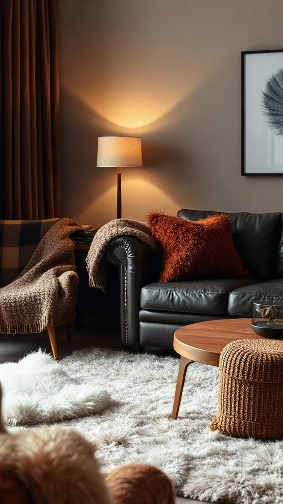 A stylish living room interior layered with rich textures, featuring a plush velvet pillow, a sleek brown leather armchair, and a soft knit wool throw blanket.