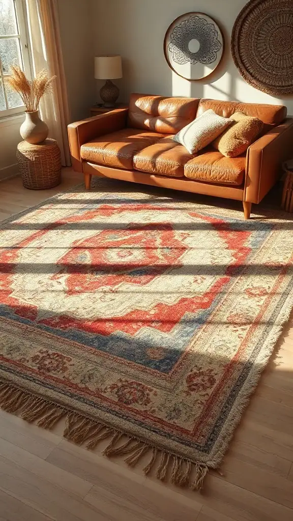 The Layered Rug Strategy Layered vintage Turkish rug over a large jute rug on light hardwood floor in a cozy boho living room setup.