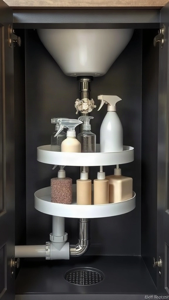 Lazy Susan Caddies for Under-Sink Plumbing Two-tier white rotating lazy susan spinning under a vanity sink holding spray bottles and scrubbers.