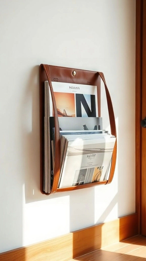 Wall-mounted leather strap magazine rack holding design periodicals.