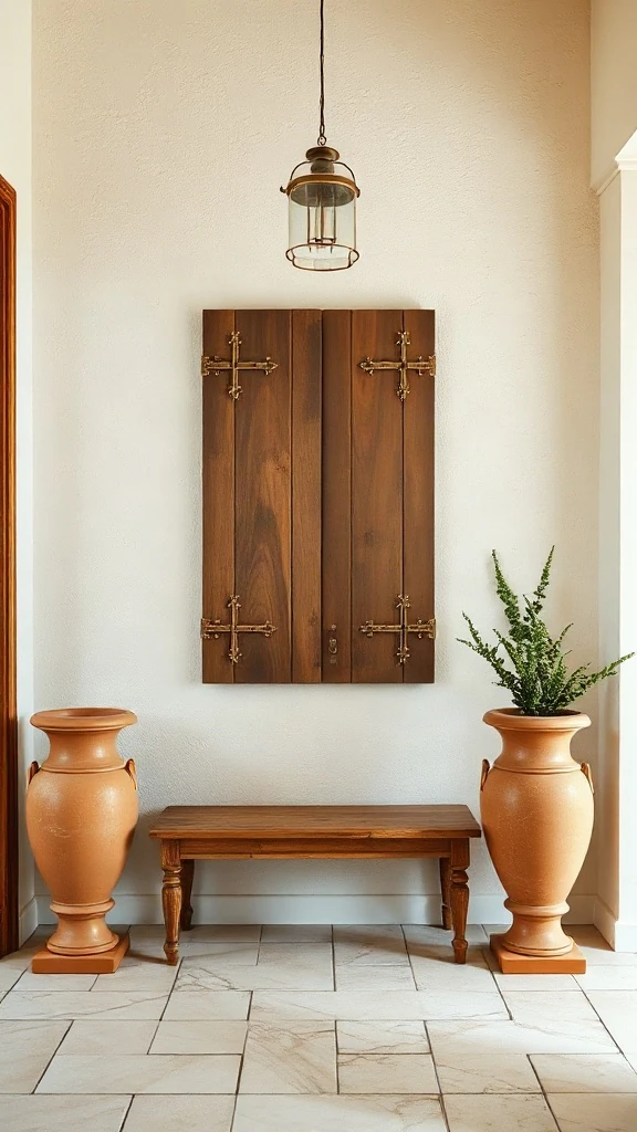 Limewashed foyer walls with fluted terracotta floor urns beside a low reclaimed wabi-sabi bench.