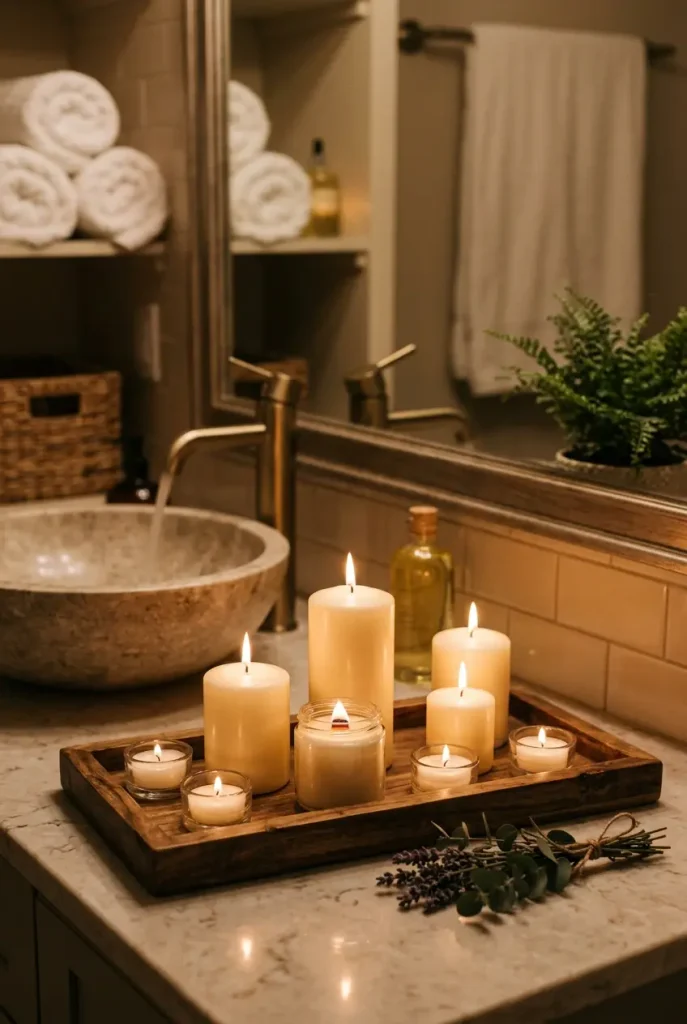 Cozy bathroom aesthetic with lit candles on a wooden tray on bathroom vanity with soft flickering light creating a relaxing spa atmosphere.