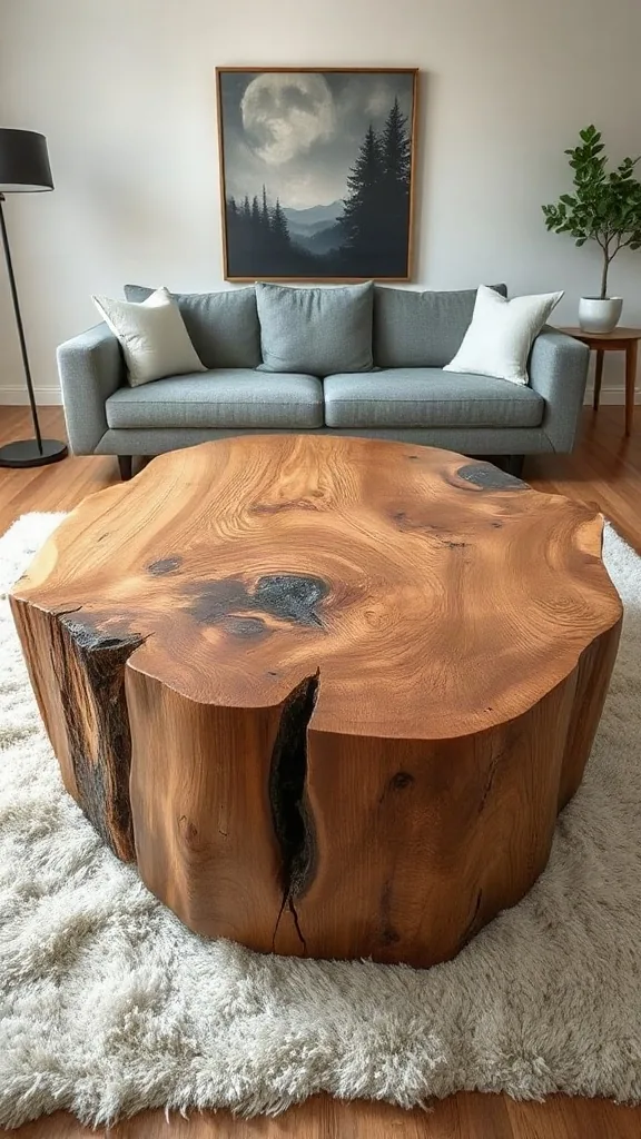 Raw Wood Coffee Tables Live-edge raw wood coffee table showing natural grain on a plush white shag rug in a modern boho room.