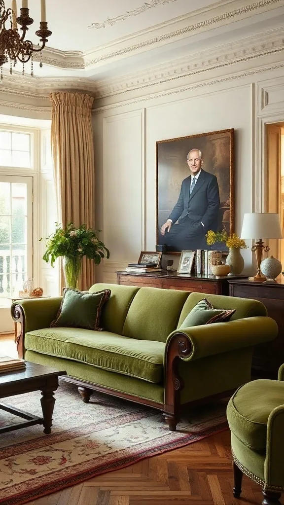 Louis Philippe Walnut Sofa Set with Scroll Arms Traditional living room set displaying a Louis Philippe walnut sofa set featuring sweeping scroll arms and moss green velvet.