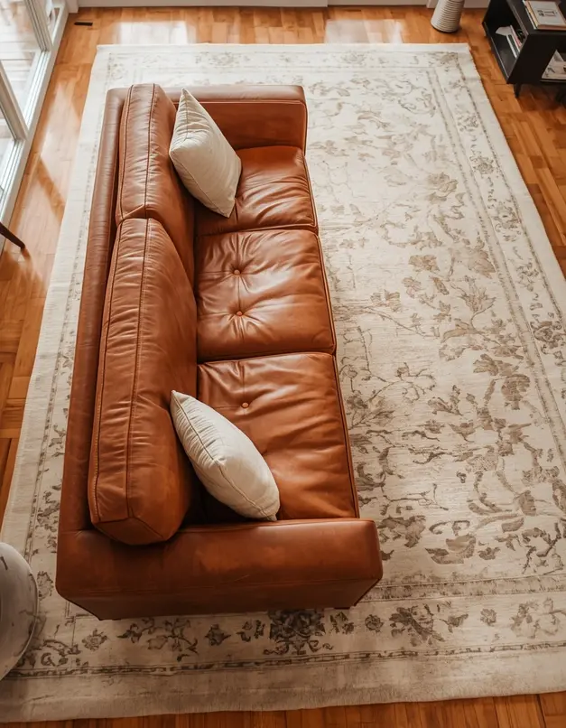 Lounge ideas with brown leather sofa and warm ambient lighting for cozy atmosphere with floor lamps and soft glow.