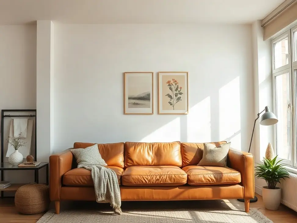Cozy lounge ideas with brown leather sofa in modern living room with warm natural light and stylish home decor.