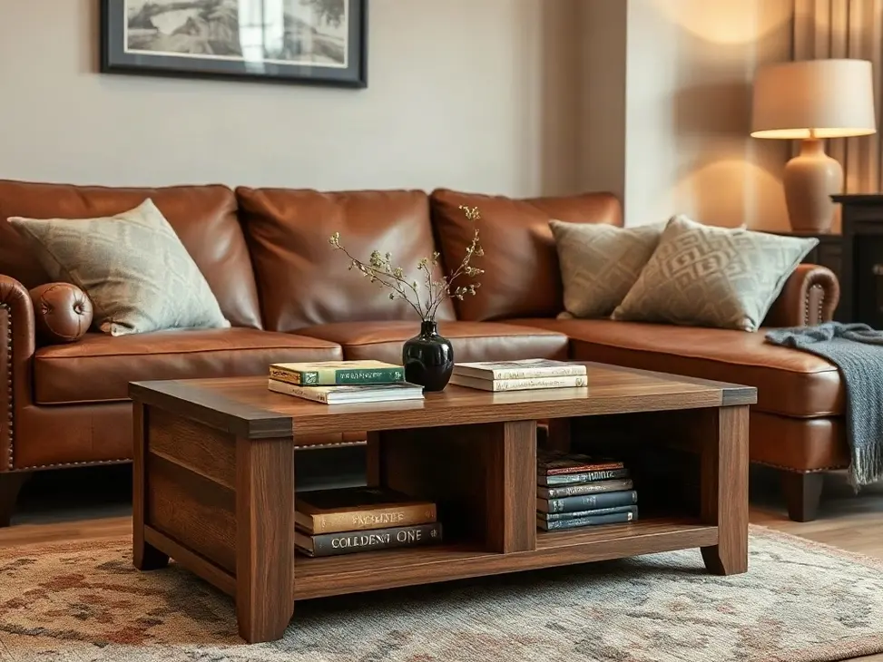 Cozy brown leather sofa lounge ideas with warm natural light and stylish modern living room decor.
