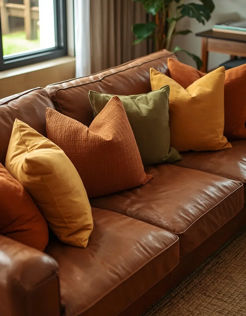 Lounge ideas with brown leather sofa and seasonal cushion covers for fresh and inviting living room decor.