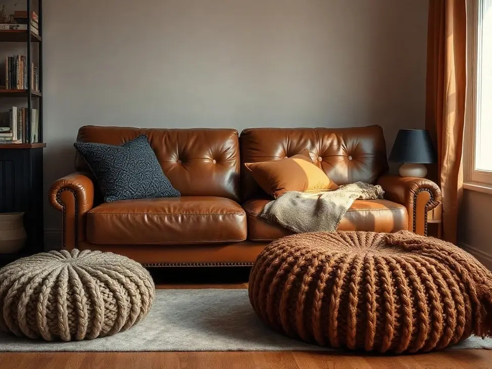 Cozy brown leather sofa lounge ideas with warm natural light and stylish modern living room decor.