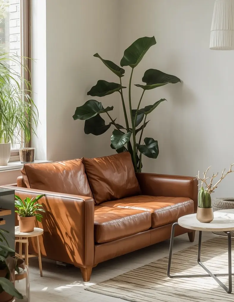 Lounge ideas with brown leather sofa and coffee table with built-in storage for organized modern living room decor.