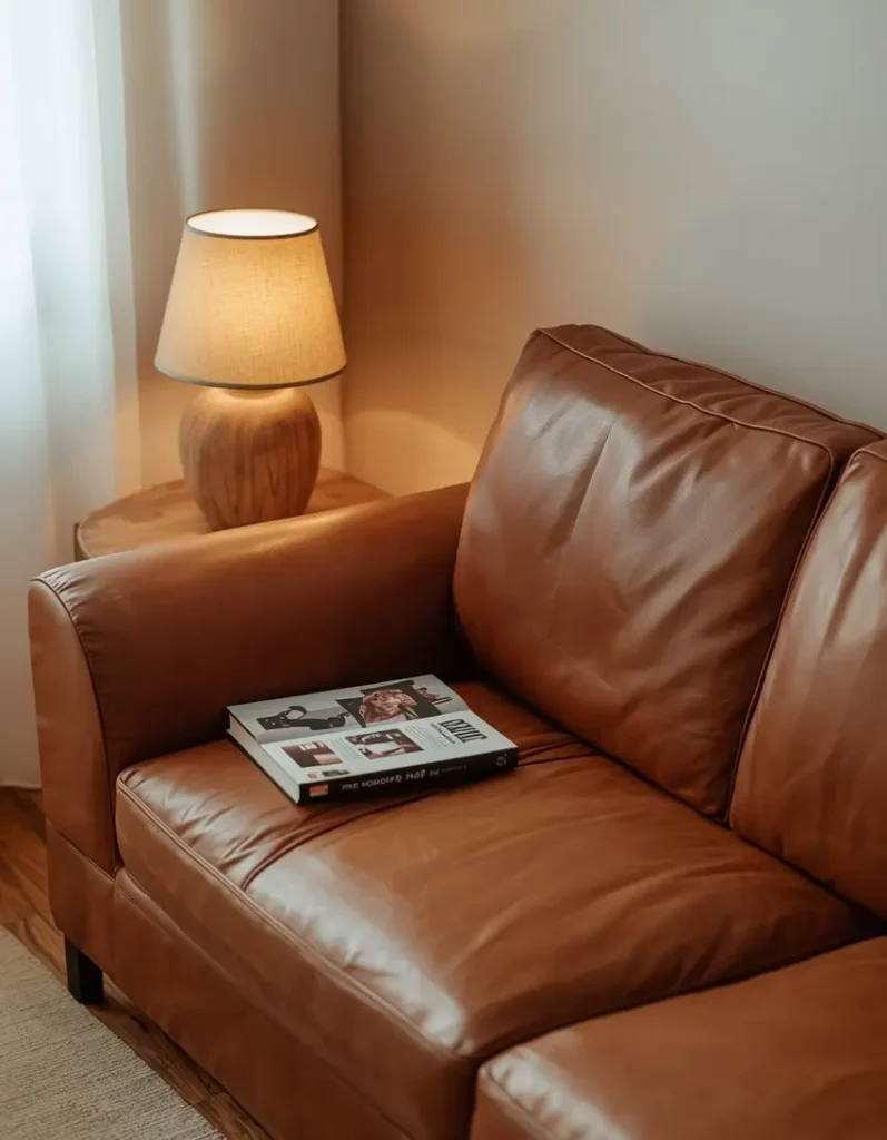 Lounge ideas with brown leather sofa and coffee table with built-in storage for organized modern living room decor.
