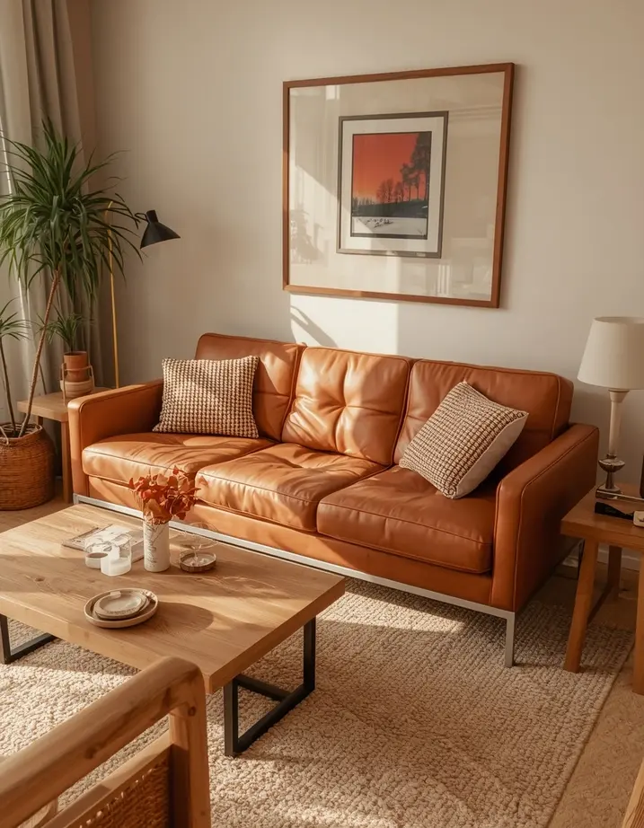 Lounge ideas with brown leather sofa and warm ambient lighting for cozy atmosphere with floor lamps and soft glow.