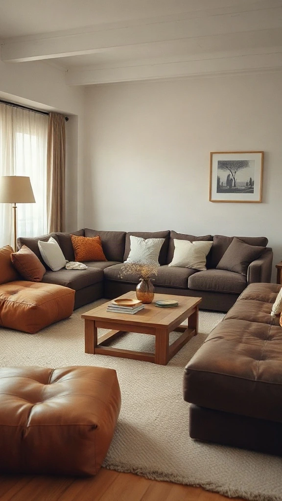 Low-Profile Floor Seating Low floor seating layout with leather poufs and thick cushions around a wooden coffee table on a cream rug.