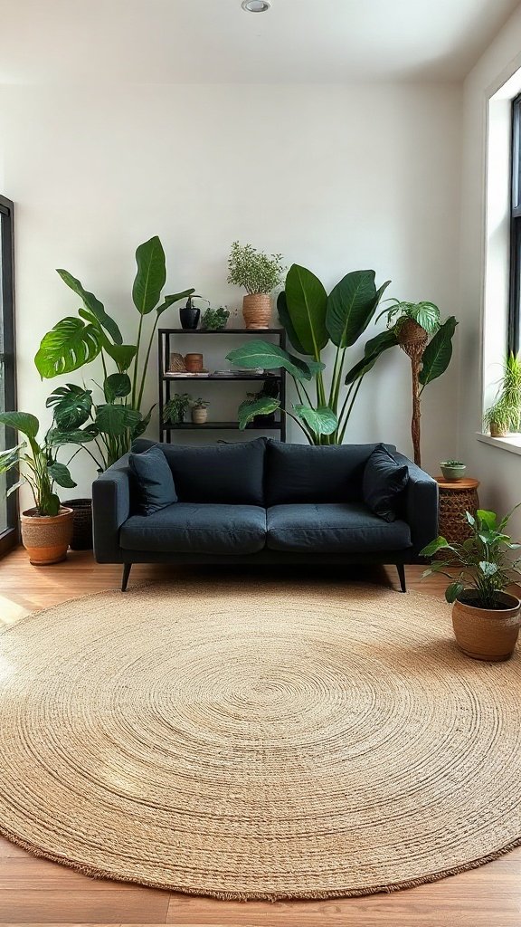 Black Sofa, Brown Rug, Green Plants - 20 Stunning Black and Brown Sofa Ideas