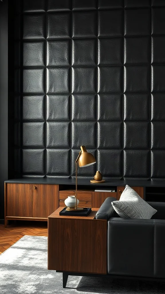 Luxurious Black Leather-Wrapped Panels Executive-style lounge living room featuring an accent wall composed of grid panels wrapped in black leather