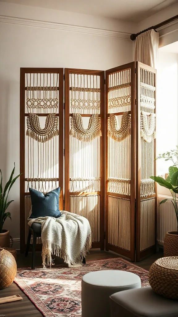 The Macramé Room-Dividing Screen Three-panel wooden folding room divider with intricate macramé inserts creating a cozy reading nook.