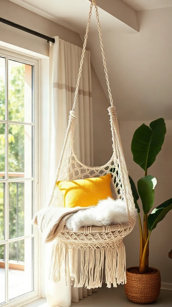 Floating Macramé Nooks White macrame hanging chair with yellow cushion suspended near a tall fiddle leaf fig in a boho living room.