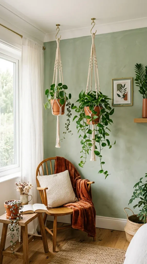 A bedroom corner featuring cream cotton macramé plant hangers suspended from brass ceiling hooks with real terracotta pots holding trailing pothos plants against a soft sage green accent wall.