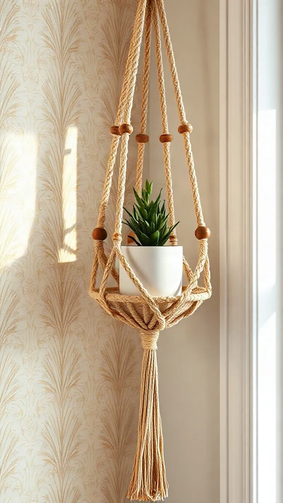 Macrame rope shelf holding a potted plant against patterned boho wallpaper.