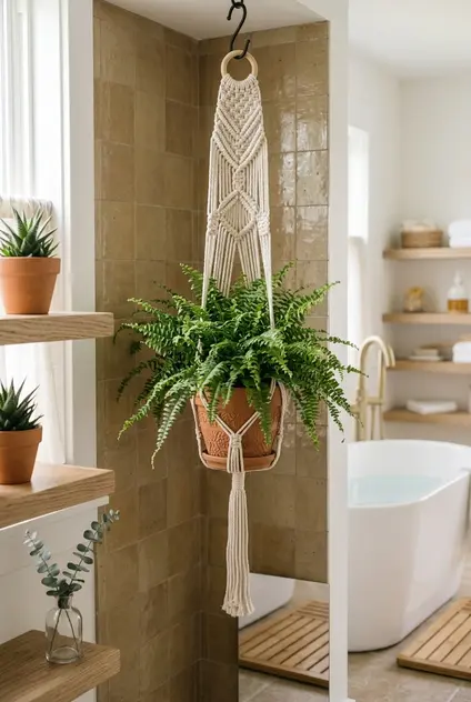Cozy bathroom aesthetic with macrame plant holder hanging in bathroom corner with green fern and soft natural light for boho style.