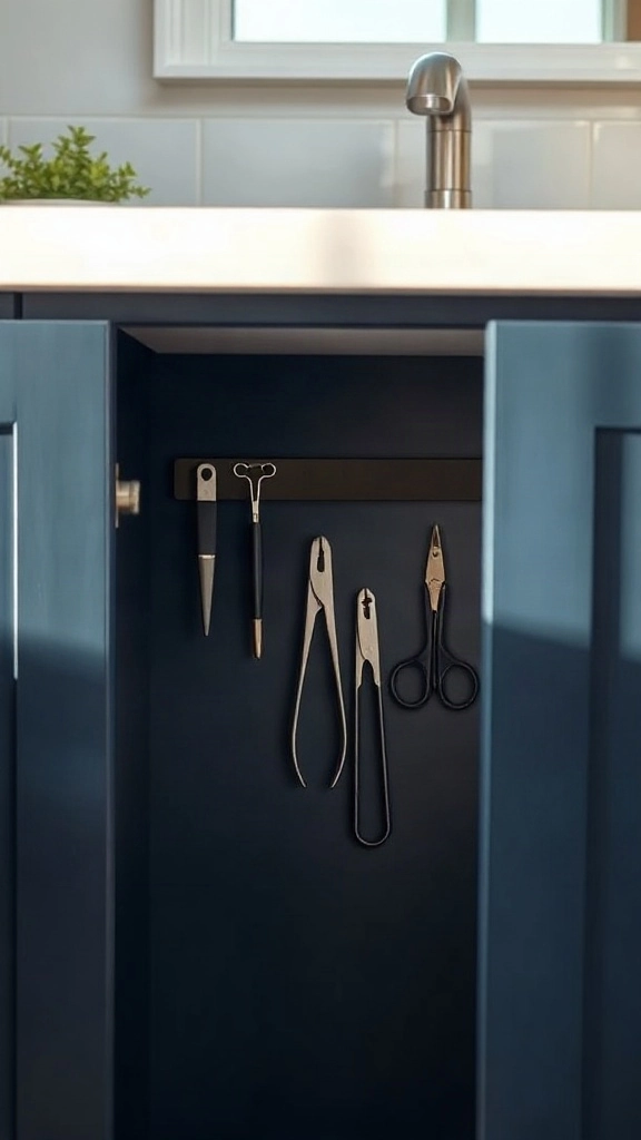 Magnetic Strip Mounts Inside Cabinet Doors Sleek black magnetic strip mounted on the interior of a vanity door holding metal tweezers and clippers.
