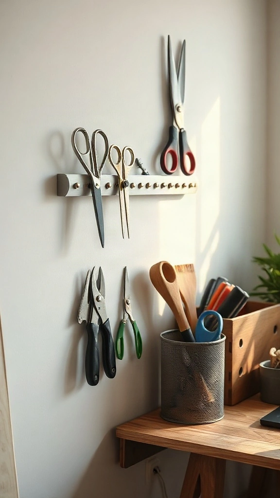 Magnetic strip mounted on a wall holding scissors and craft tools above a desk.