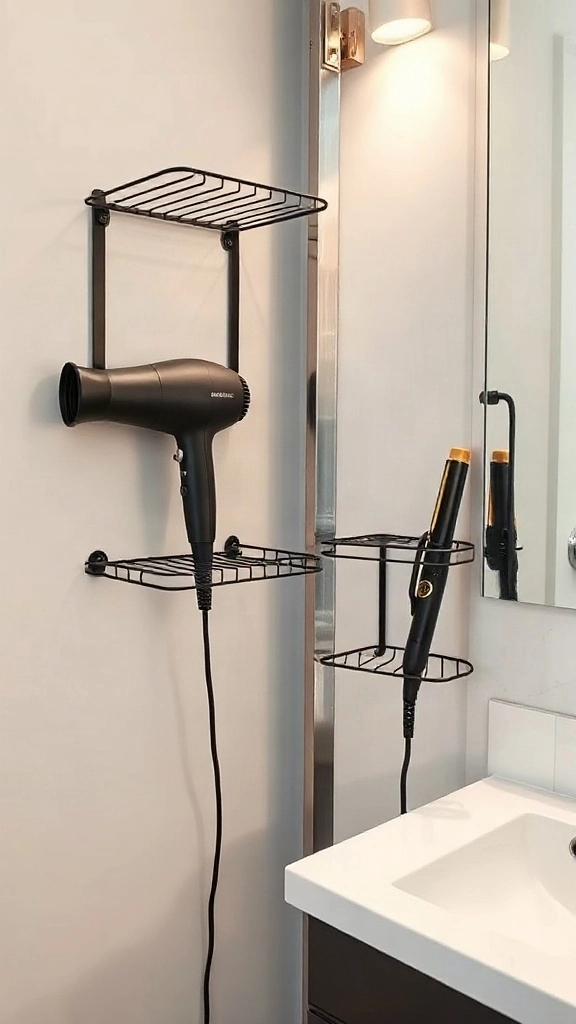 Magnetic Spice Racks Mounted for Hair Hot Tools Matte black magnetic wire racks attached to a metal-framed vanity cabinet holding a hair dryer safely.