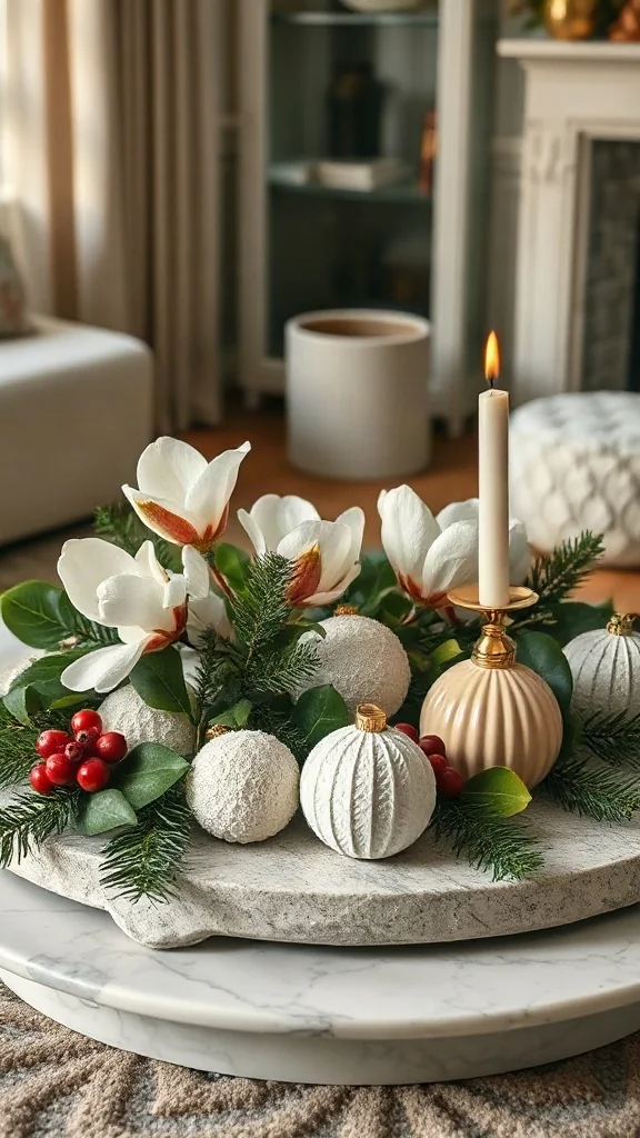 Round travertine coffee table tray holding glossy magnolia leaves, rich ivory bouclé baubles, and natural tones.