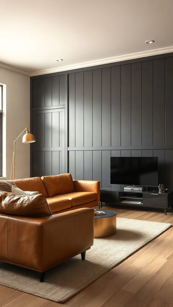 Matte Black Board and Batten Grid Modern living room with a matte black board and batten accent wall, caramel leather sofa, and warm lighting