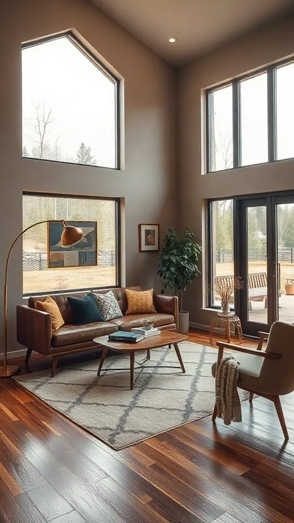 A mid-century modern living room featuring a dark brown seating set with sleek wooden legs, clean lines, and warm neutral accent decor.