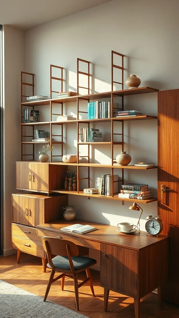 Mid-Century Teak Modular Storage Mid-century modern teak modular library system with drop-down desk and adjustable shelves.