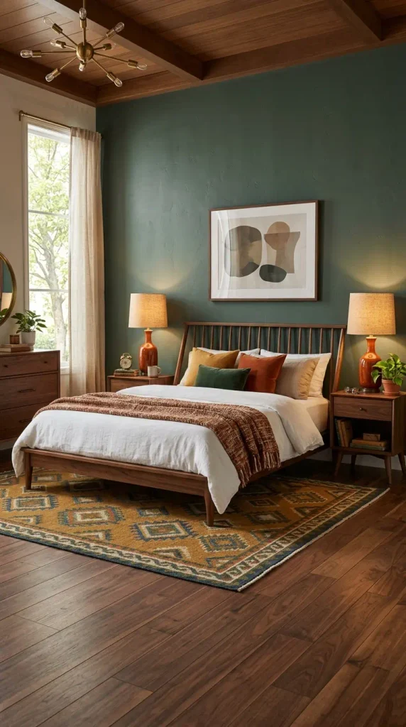 A mid-century modern bedroom featuring a spindle-back walnut bed set against a deep juniper sage wall with vintage burnt orange glazed ceramic lamps on tapered-leg nightstands.