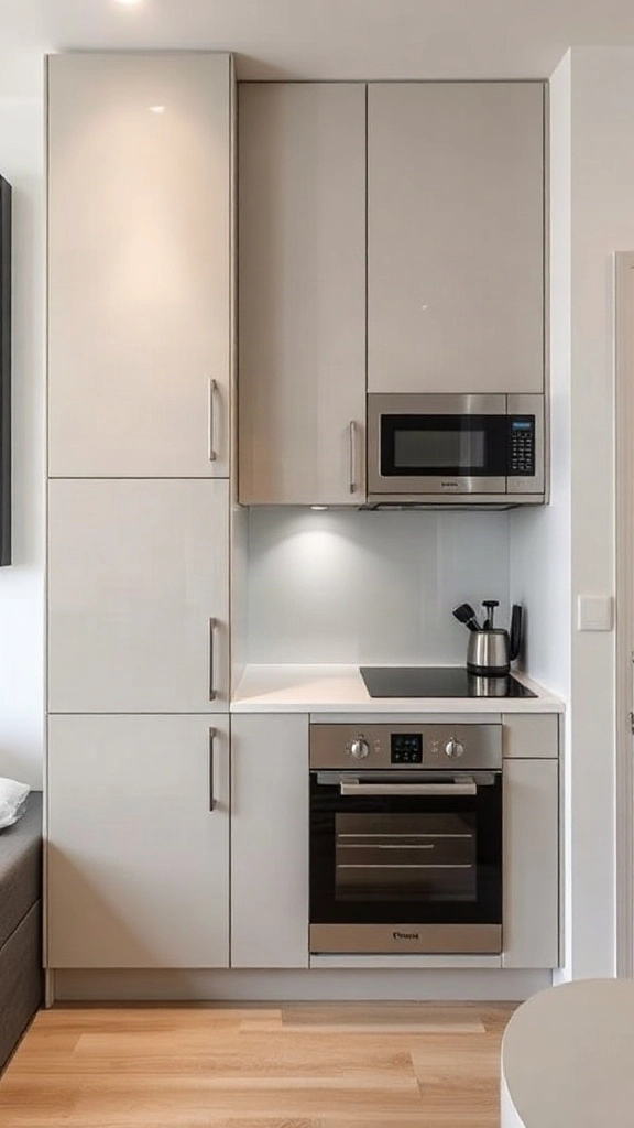 Single wall of high-gloss cabinets with integrated appliances in a compact studio.