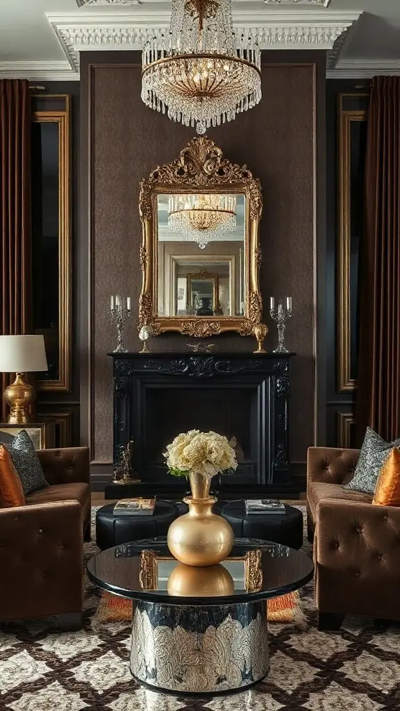 A glamorous living room interior decorated with reflective mirrors and polished metallic accents that catch and disperse natural light.