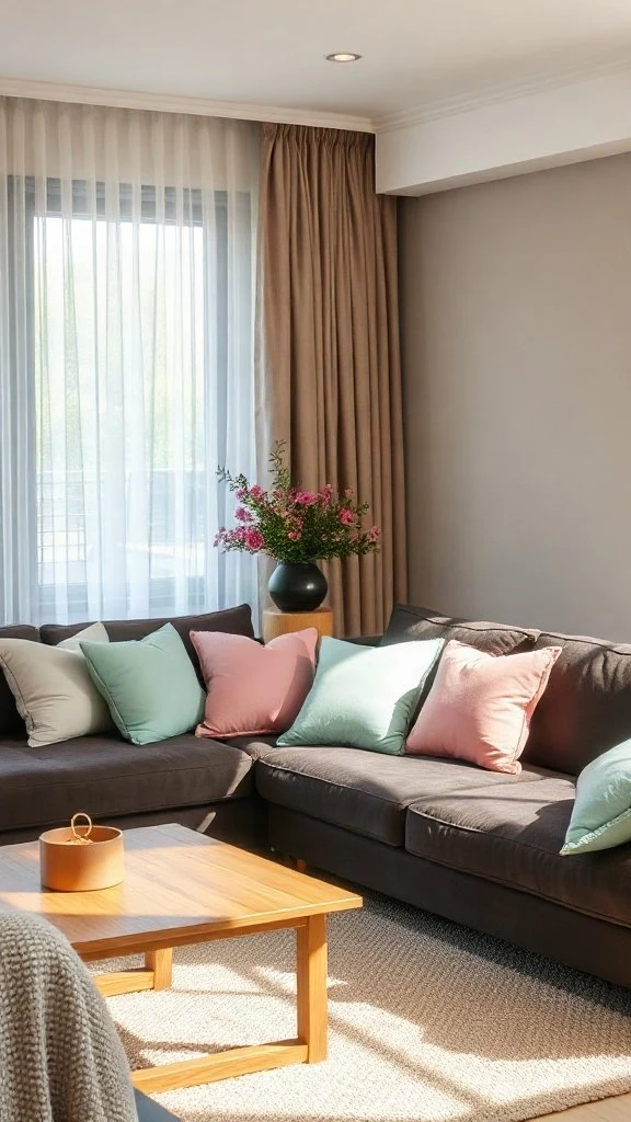 A cozy living space pairing dark brown furniture with soft pastel accents like muted blush and soft sage for a balanced, gentle aesthetic.