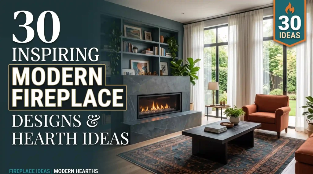 Modern living room featuring a sleek built-in linear fireplace with a slate hearth, styled bookshelves, and cozy seating.
